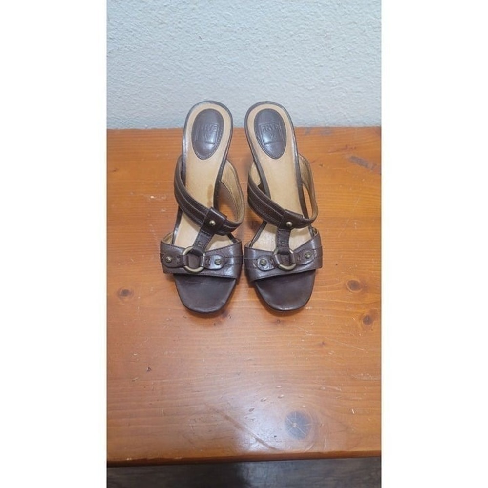 Frye gerry slide Brown Leather Heeled Sandals With Buckle Accents WOOL H- Size 7